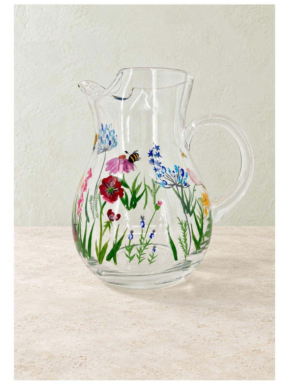 NEW Clear Glass Pitcher Wildflower Bee Floral Water Jug Cottagecore Garden Decor